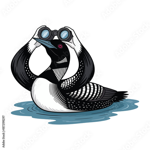 A charming illustration depicts a loon gracefully floating on water intently observing its surroundings with a pair of binoculars high-quality.