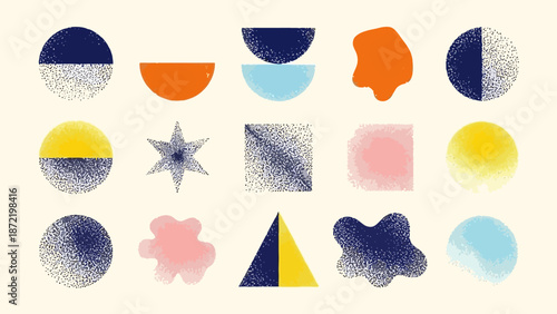 A collection of abstract geometric shapes and organic blobs with a textured, grainy effect, arranged in a grid.