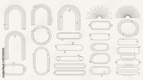 Collection of abstract geometric shapes and decorative elements in a minimalist line art style, featuring arches, sunbursts, and rounded frames.