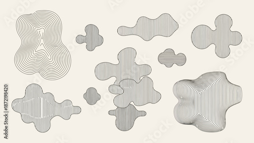 Abstract organic shapes with intricate line patterns, suggesting fluid forms and natural textures.