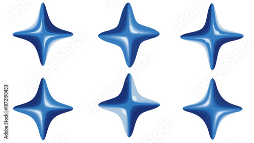 Six shimmering blue four-pointed star shapes arranged in two rows of three against a white background.