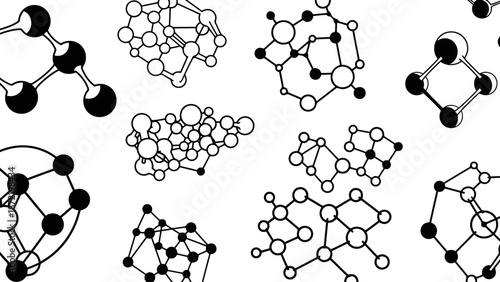 A seamless pattern of various black and white molecular structures and chemical bonds, representing scientific concepts.