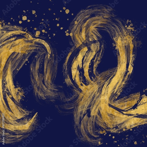 海や波のイメージの金色のブラシストロークの抽象背景。青背景正方形和風バナー