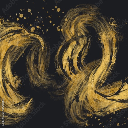 海や波のイメージの金色のブラシストロークの抽象背景。黒背景正方形和風バナー