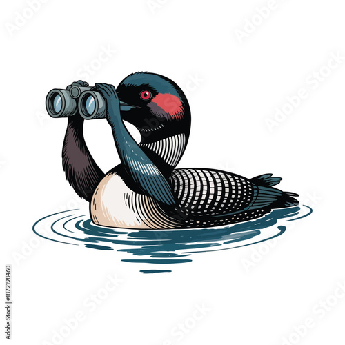 A charming illustration depicts a common loon gracefully swimming while curiously observing the world through a pair of binoculars high-quality.