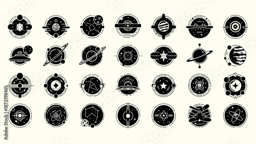A collection of 30 circular icons representing various celestial bodies, planets, and space-themed symbols, presented in a black and white, minimalist style.