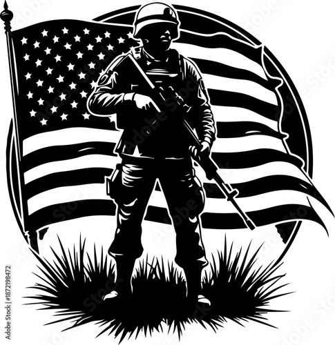 American Soldier Silhouette with USA Flag Emblem
