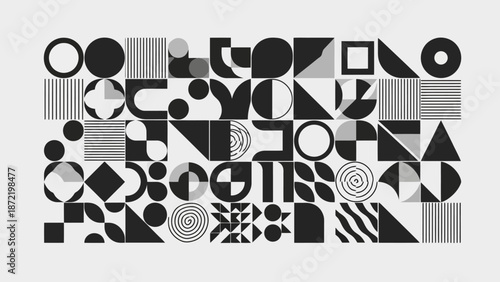 A visually striking abstract composition featuring a diverse array of geometric shapes and patterns in black and white.