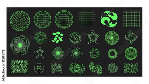 A collection of abstract geometric and organic shapes rendered in a vibrant neon green against a dark background, showcasing a variety of digital art elements.