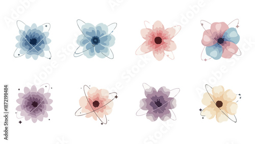 A collection of eight watercolor floral illustrations with a subtle atomic or orbital motif.