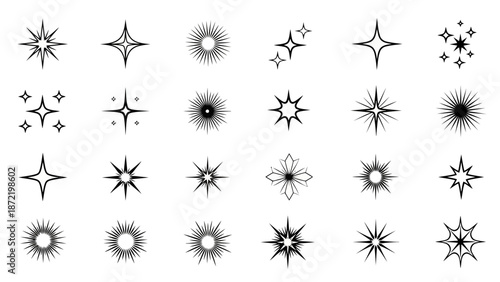 A collection of 25 stylized starburst and sparkle graphic elements, presented in a grid layout.