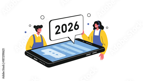 Two people with headsets stand by a large smartphone, discussing the year 2026, which is inside a speech bubble connected to the chat interface.