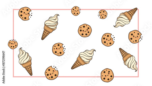A cute and simple pattern of kawaii-style chocolate chip cookies and soft serve ice cream cones, contained within a thin pink rectangular border.