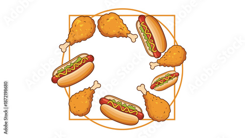 A circular arrangement of fast food items, including fried chicken drumsticks and hot dogs, inside a square frame, isolated on a white background.
