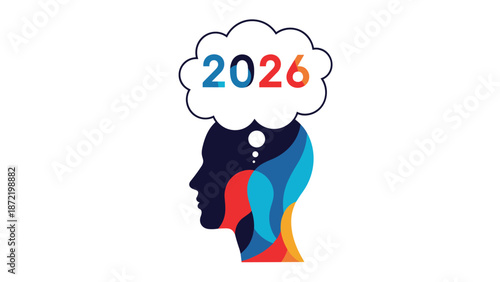 A colorful silhouette of a human head with a thought bubble containing the year 2026, symbolizing future thinking and planning.
