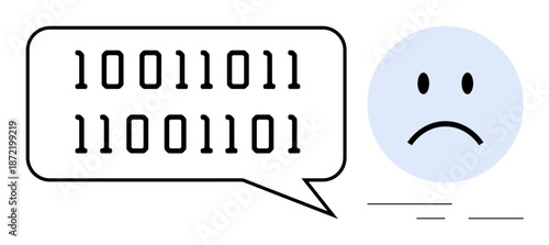 Binary code concept. Binary numbers ed in a speech bubble alongside a sad emotion to express digital emotion or miscommunication. For artificial intelligence, coding, communication, emotions, social