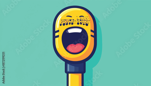 Cartoon Microphone Character with Open Mouth and Musical Notes.