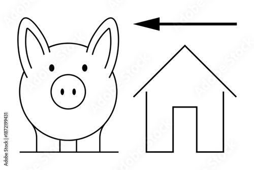 Savings concept. A piggy bank, simple house outline, and directional arrow financial savings, investments, and homeownership goals. For finance, planning, housing investment education
