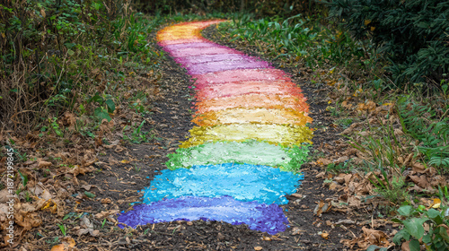 A colorful rainbow pathway painted on a dirt trail curves through the autumnal forest, creating a whical and vibrant scene in the natural environment.