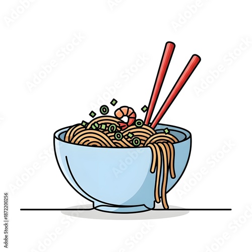 A simple line art illustration of a light blue bowl filled with delicious noodles, topped with a shrimp and green onions, with red chopsticks.