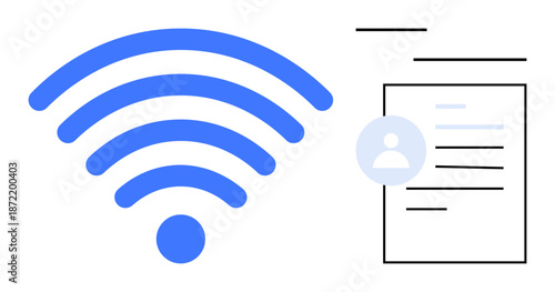 Wireless communication, online authentication, digital profiles, internet security, user data, device connectivity. Blue wireless symbol with a document showing a user profile. Wireless communication