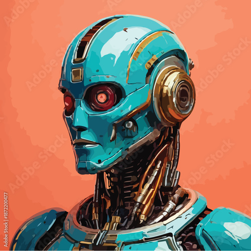 Detailed Portrait of a Teal and Gold Futuristic Robot.