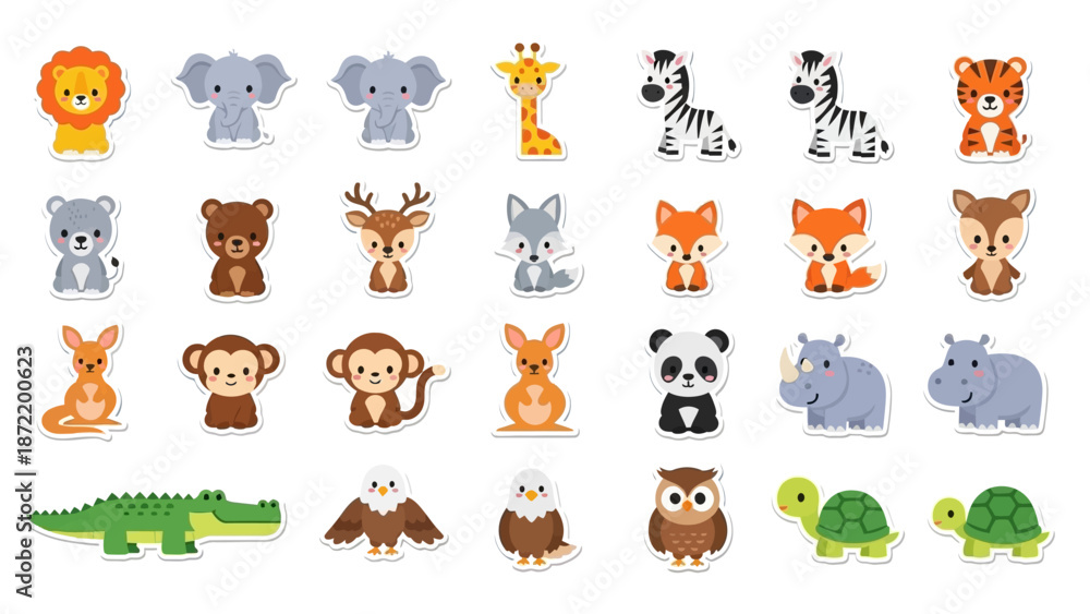 Fototapeta premium A vibrant collection of 28 adorable cartoon animal illustrations, featuring a diverse range of creatures from lions and elephants to pandas and crocodiles, presented against a clean white background.
