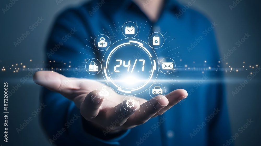 Fototapeta premium A person presenting a 24 7 service concept with glowing icons