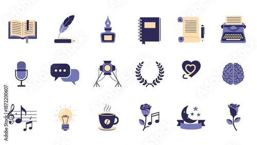 A collection of flat design icons representing creativity, writing, communication, and inspiration, including a book, quill, inkwell, typewriter, microphone, and lightbulb.