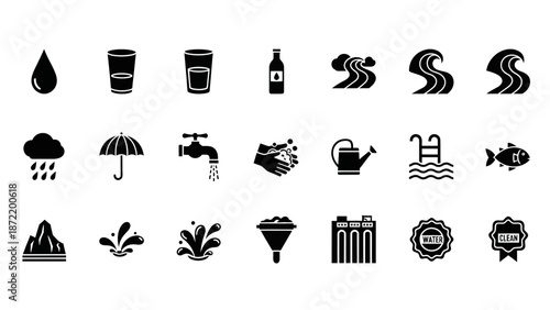 A collection of 20 black and white icons representing various aspects of water, including rain, clouds, rivers, oceans, and human interaction with water.