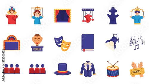 Collection of theater and performance icons including puppets, masks, stage, costumes, musical instruments, and audience seating.