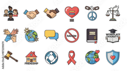 A comprehensive collection of diverse flat icons representing social issues, equality, human rights, and community support.