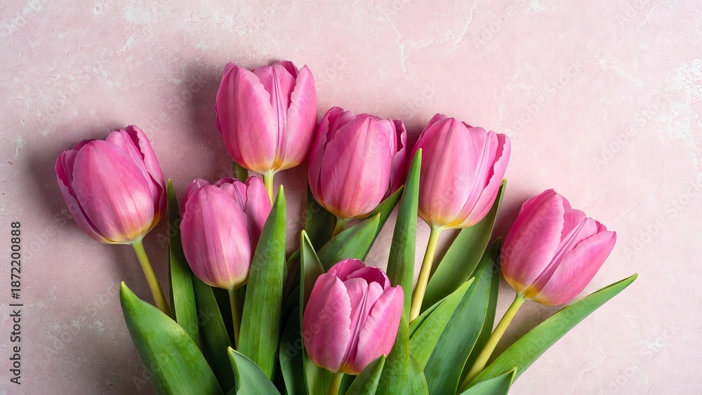 Obraz premium Pink Tulip Bouquet on Pastel Pink Background – Spring Flowers Flat Lay Celebration Concept