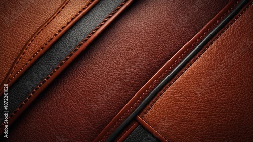 Captivating macro detail of rich cognac brown and dark black premium leather material, showcasing high-quality stitching and craftsmanship background.