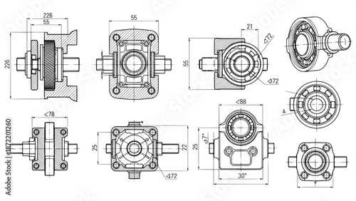Engineering drawing of mechanical gear assembly