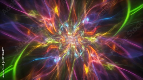 Vibrant Abstract Fractal Light Streaks Vortex Tunnel Animation Loop: Hypnotic Psychedelic Rainbow Energy Flowing Through Dark Space Background.