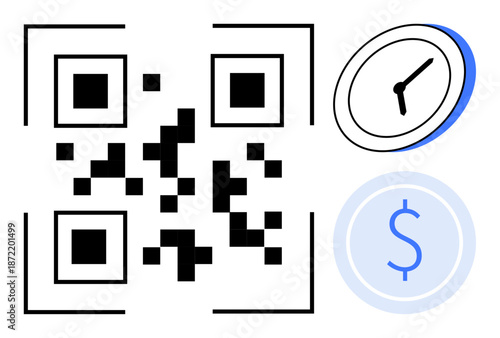 Digital payments, time tracking, efficient transactions, financial technology, QR scanning, cashless economy. QR code with clock and dollar symbol. Digital payments and time tracking concept