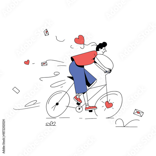 Romantic Couple Riding Bicycle With Love Hearts Minimal Line Vector Art