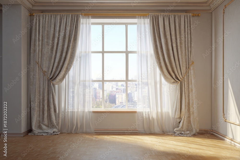 Fototapeta premium Elegant room with a large window and luxurious drapes overlooks a city.