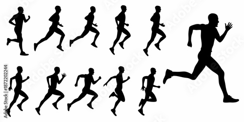 Silhouettes of people running depicting various stages of the running cycle