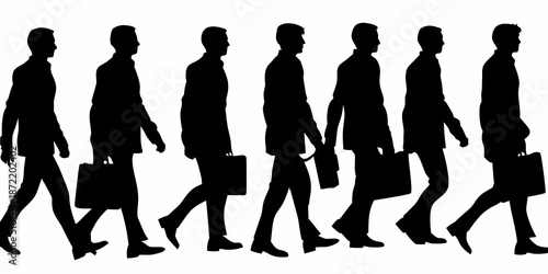 A line of silhouetted businessmen walking with briefcases in a row