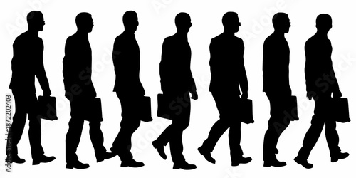 A sequence of silhouettes depicting men walking with briefcases in motion