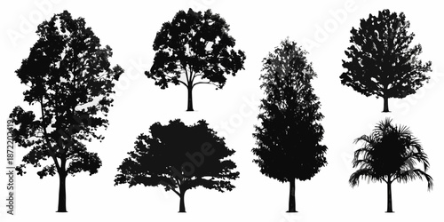 Silhouette collection of various trees and lush foliage against a white background