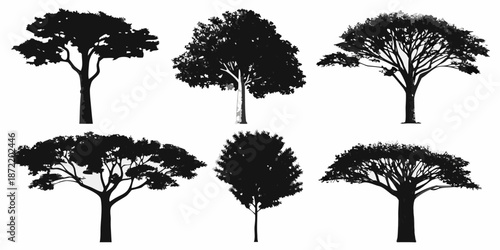 Silhouette collection of various trees against a clean white background