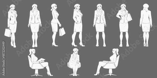 Line art illustration depicting various poses of businesswomen in suits