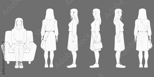 Line art illustration of women in various poses and outfits