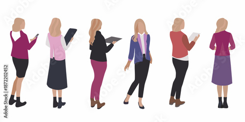 A collection of stylized female figures in various professional attire