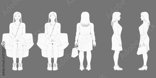 Fashion illustration of five women in various poses and stylish outfits