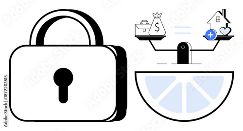 Security concept. Security ed by a padlock and financial decision-making balance scales with money and health symbols. Security for data protection, finances, and stability. Useful for technology