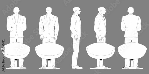 Five figures in suits with obscured faces and circular bases shown